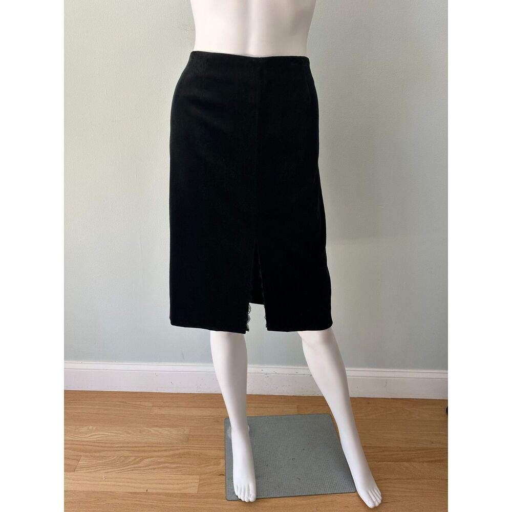 Vintage Trina Turk Black Velvet Pencil Skirt Womens 10 Front Lace Slit Cocktail